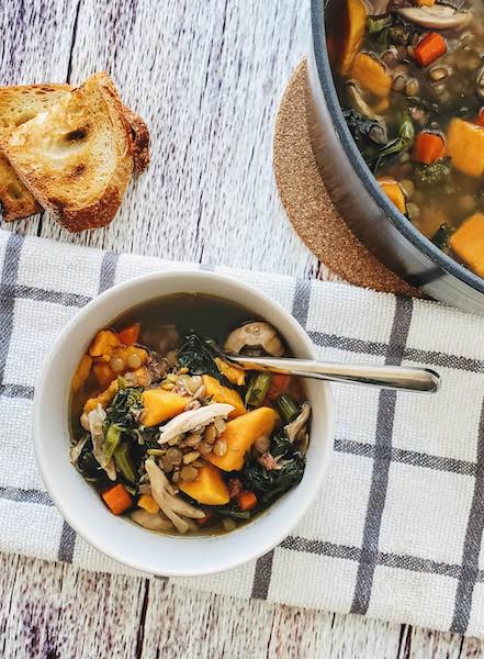 chicken soup with sweet potato, lentils and rapini